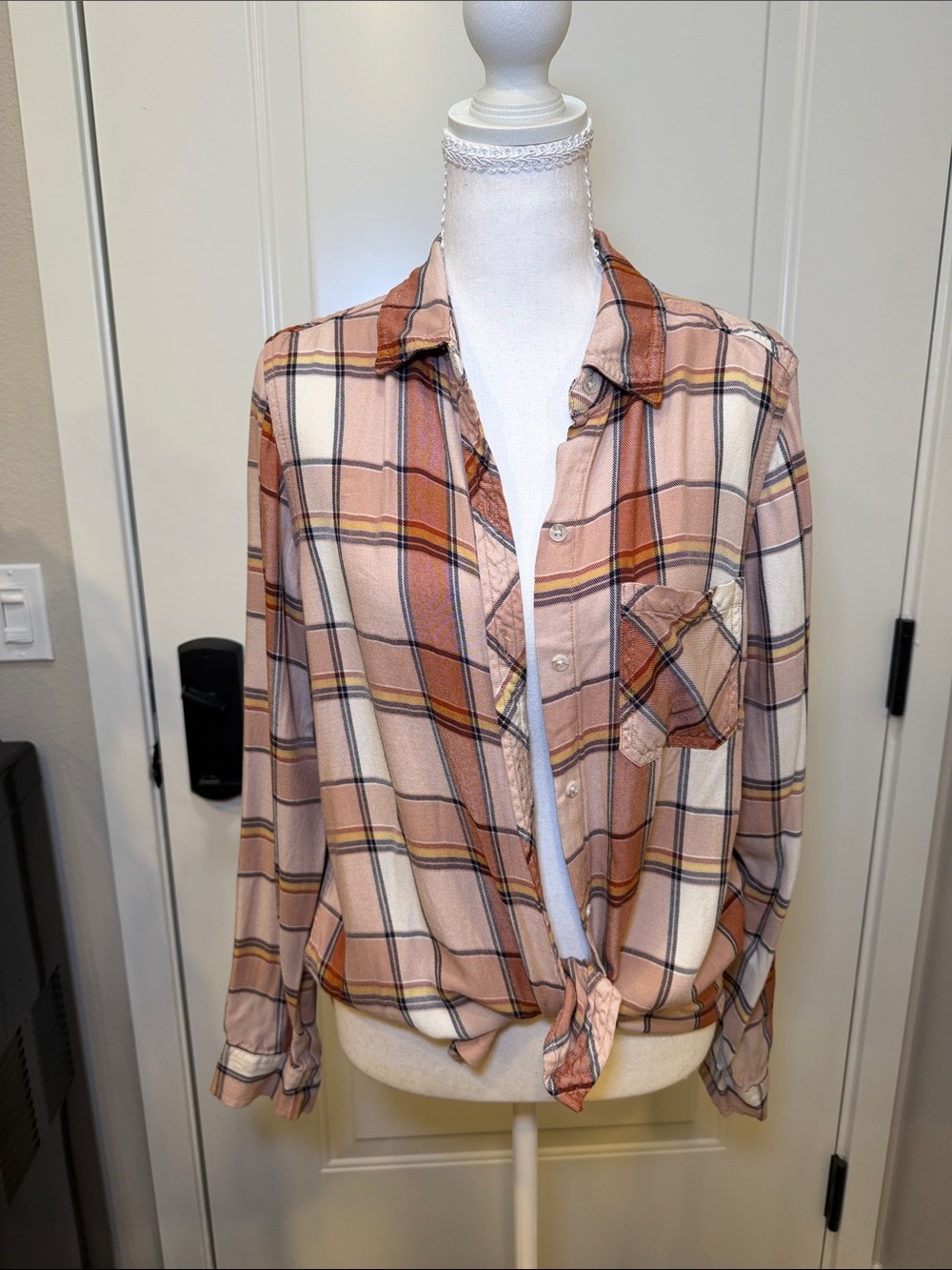 Women’s Pink and Rust Plaid Button Down Flannel Long Sleeve Shirt - Picture 7 of 8
